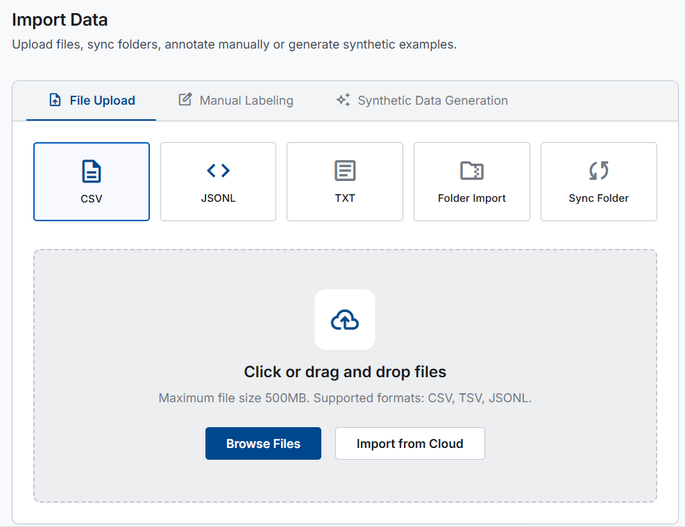 An image depicting StratRAG’s data import menu, consisting of options for csv, jsonl, txt file upload, folder import, or sync. There are further tabs for manual labeling and synthetic data generation.